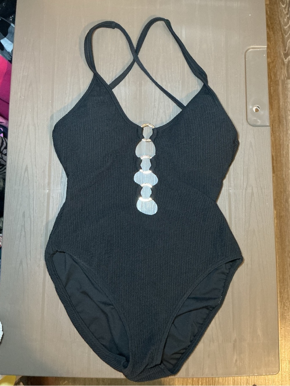 Michael Kors Black One-Piece Swimsuit with Silver Shell Accent - Picture 3 of 10